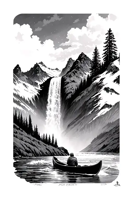 mountain waterfall canoe tattoo design idea