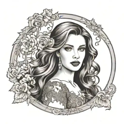 young brunette woman with long lustrous wavy hair wearing an off-shoulder lace dress framed within an oval border tattoo design idea
