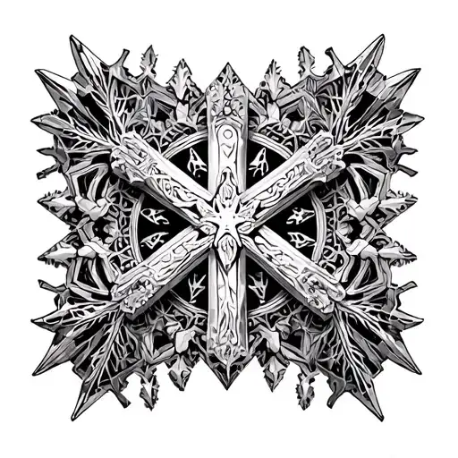 elaborate fractal Christian snowflake, geometric elements, extremely detailed, epic, crucifix tattoo design idea