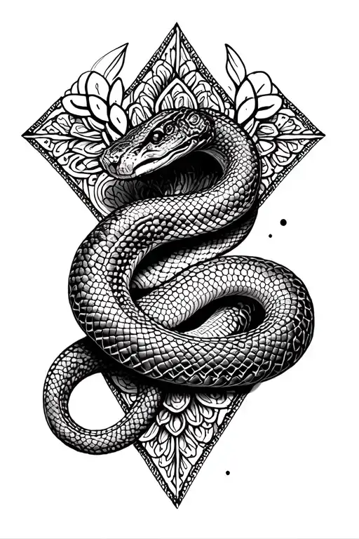 symmetrical wrapped snake in the middle of a diamond shaped dot work tattoo with mandala and lace effect  tattoo design idea