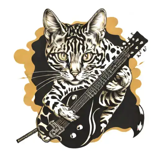bengal cat playing a guitar tattoo design idea