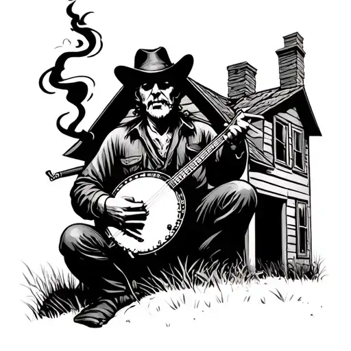 bandit playing a banjo smoking cigar in front of a house near a field  tattoo design idea
