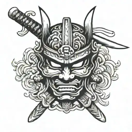 samurai mask, swords crossed, old school tattoo, tattoo design idea
