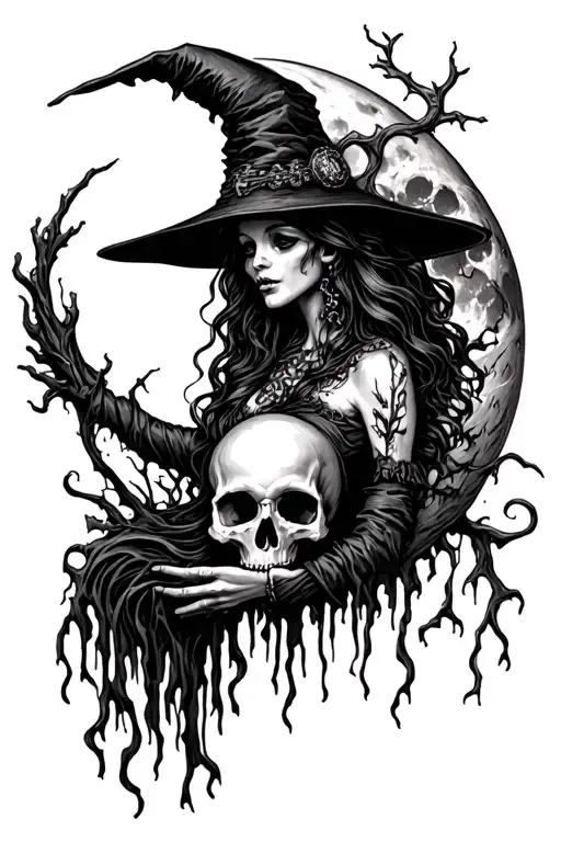 voodoo witch holding skull swamp crescent moon tattoo design idea