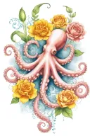 octopus, snowdrop, rose,  marigold flower tattoo design idea