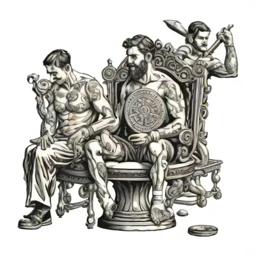 black and white drawing of an empty throne with athletes standing and sitting around it, frisbee in someones hand  tattoo design idea