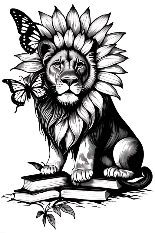 sunflower, lioness , books, butterflies african tribal sunrise tattoo design idea