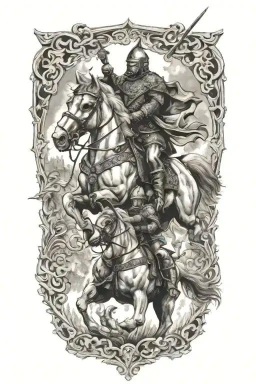 epic, Slavic warriors on horseback, battle, fire tattoo design idea