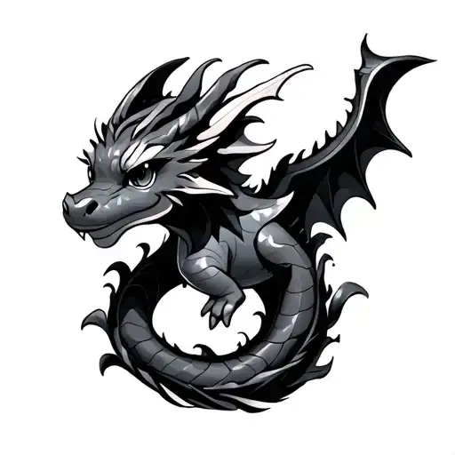 It features a small, chibi-style dragon curled in a soft spiral, giving it a cute yet mystical appearance.The dragon’s tattoo design idea
