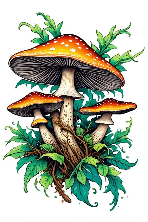 cluster of psychedelic mushrooms with ayahuasca vines tattoo design idea