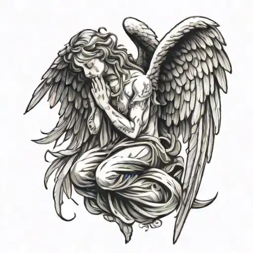 Crying praying angel with large wings spread wide tattoo design idea