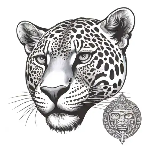 Jaguar face with mayan symbols as the spots tattoo design idea
