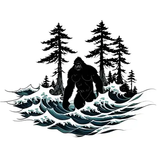 A traditional Japanese Irezumi-style tattoo featuring stylized ocean waves, flowing wind, towering redwood trees Bigfoot tattoo design idea
