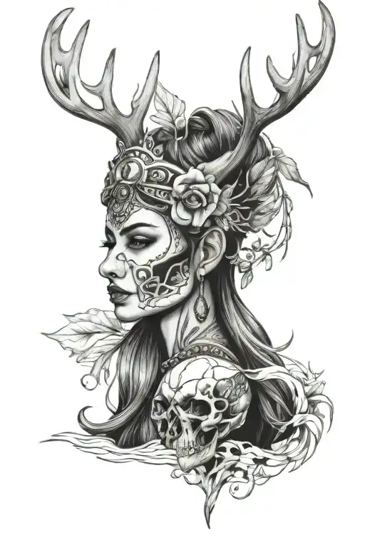 Woman wearing a deer skull as a headdress tattoo tattoo design idea