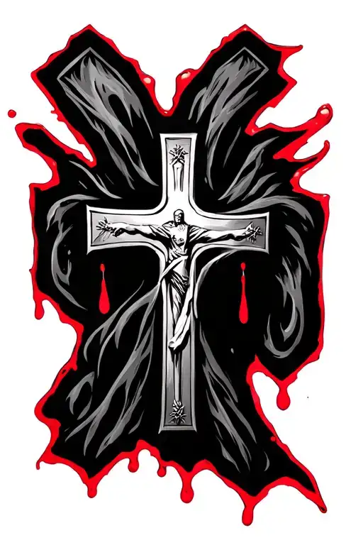 black cross with red outline on the bottom right corner to represent the blood of Christ  tattoo design idea
