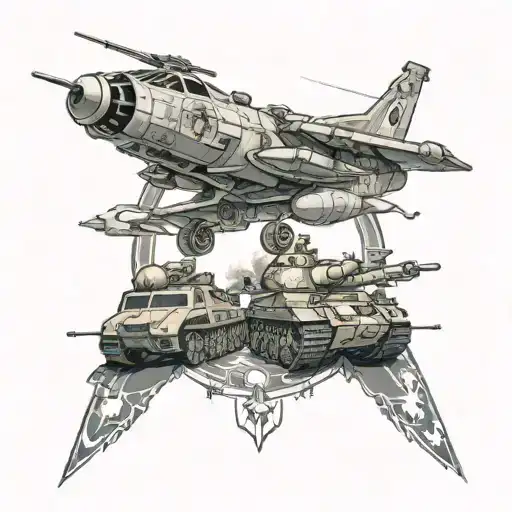 A tattoo design featuring an epic battle scene with tanks, ships, and planes in a Warhammer 40k inspired style, showcasing the client's love for military vehicles and sci-fi warfare tattoo design idea
