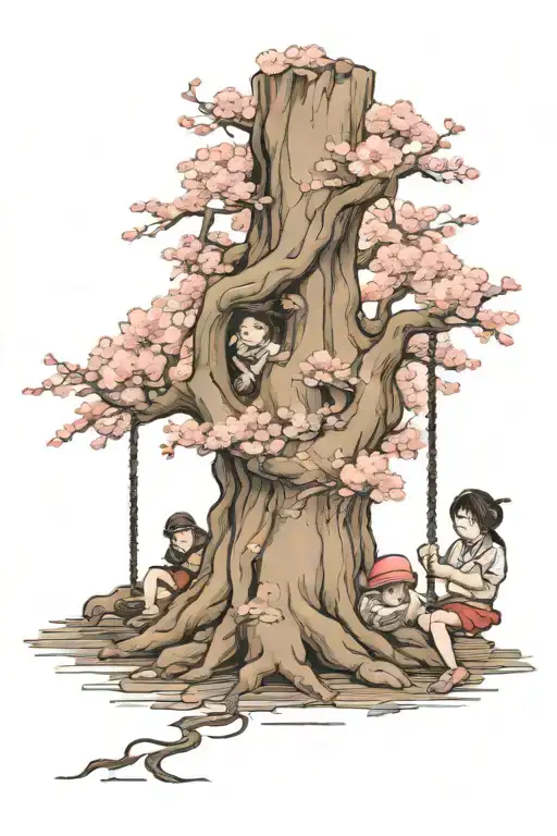 japane cherry blossom tree, swing, children holding hands tattoo design idea
