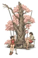 japane cherry blossom tree, swing, children holding hands tattoo design idea