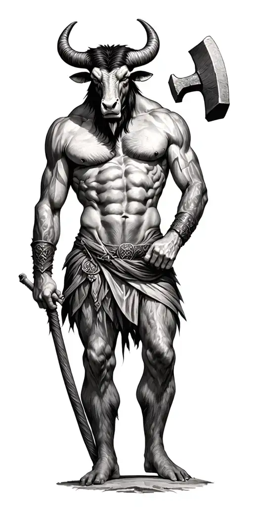 Minotaur legend standing guard with hammer tattoo design idea