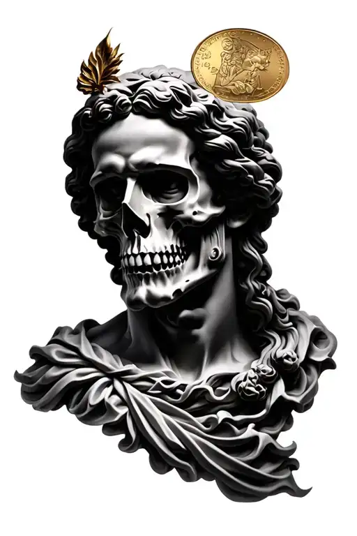 Memento Mori coin, Greek god, full sleeve tattoo design idea