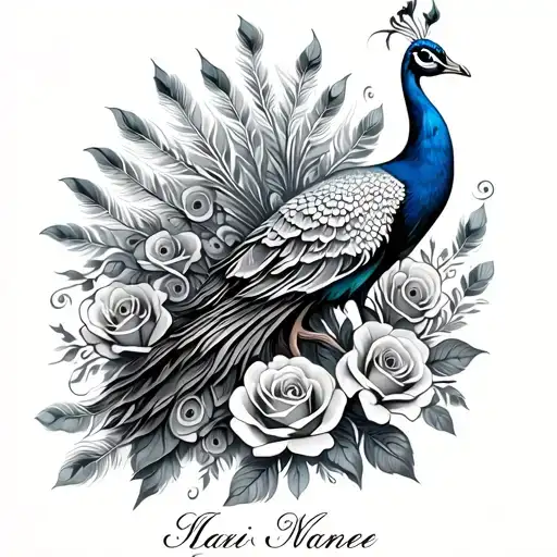 peacock with feathers spread out  roses at the bottom half with a name in the middle of them  tattoo design idea