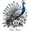 peacock with feathers spread out  roses at the bottom half with a name in the middle of them  tattoo design idea