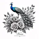peacock with feathers spread out  roses at the bottom half with a name in the middle of them  tattoo design idea