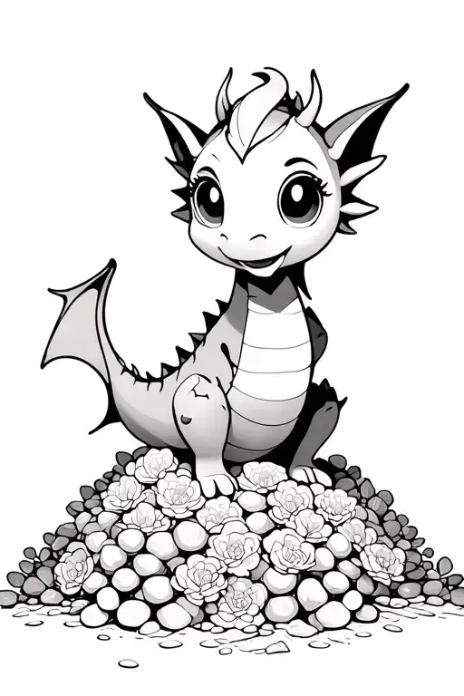 cute dragon, big anime eyes, feminine features, sitting on a giant pile of gold and treasure, background of flowers tattoo design idea