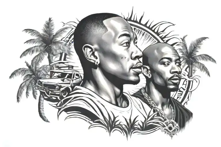 dr.dre, 2pac, impala, palms rising sun tattoo design idea
