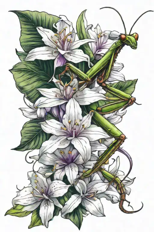 praying mantis on an orchid flower tattoo design idea