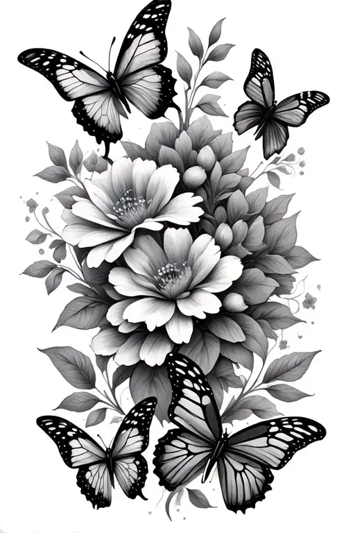 Flowers and butterflies intertwined tattoo design idea