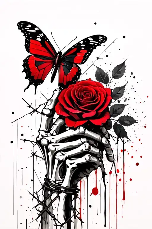 butterfly resting on rose, rose being held by skeleton hand, wrapped in barbed wire tattoo design idea