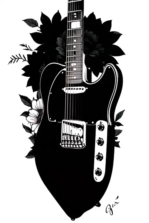 a fender telecaster guitar surrounded with flowers of the day of the dead and a half Calavera tattoo design idea