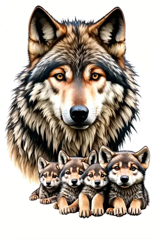 wolf and 4 cubs surrounded tattoo design idea