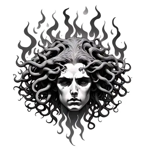 medusa head with flames in the background tattoo design idea