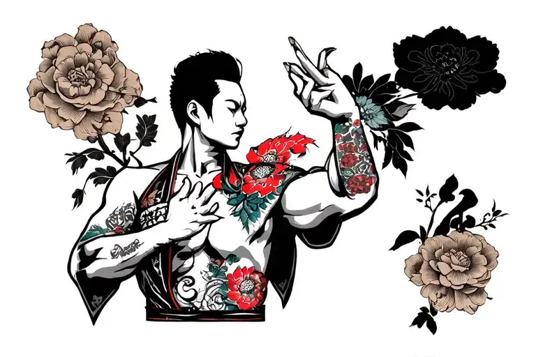 Japanese yakuza style with different thig tattoo design idea