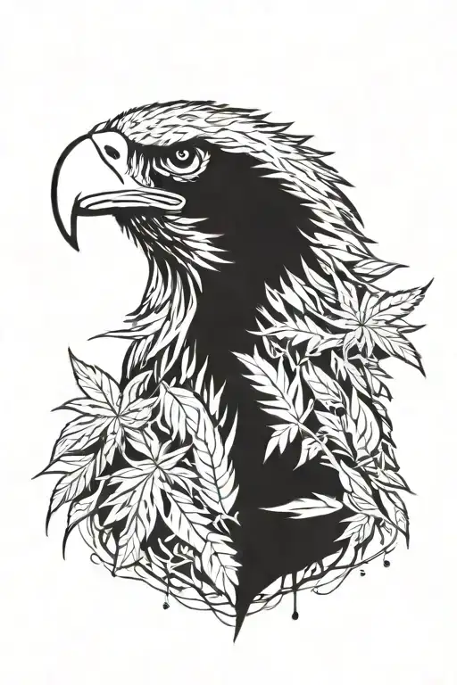 Layered eagle head portrait. Inner feathers detailed, outer feathers shaped like cannabis leaves, radiating outwards. tattoo design idea