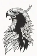 Layered eagle head portrait. Inner feathers detailed, outer feathers shaped like cannabis leaves, radiating outwards. tattoo design idea