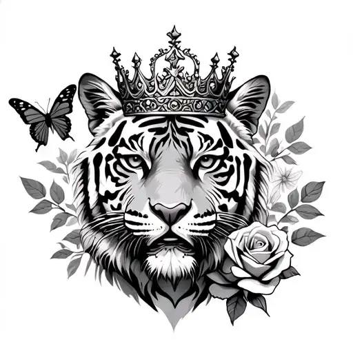 strong fierce queen tiger wearing a crown surrounded by a rose and a butterfly  tattoo design idea