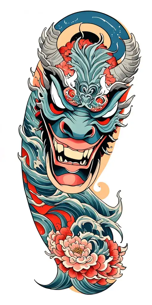 oni demon mask, finger waves crashing tattoo design idea