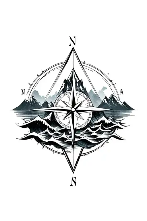 large compass surrounded by intricate geometric mountains and crashing waves, black and white, add triangle frame tattoo design idea