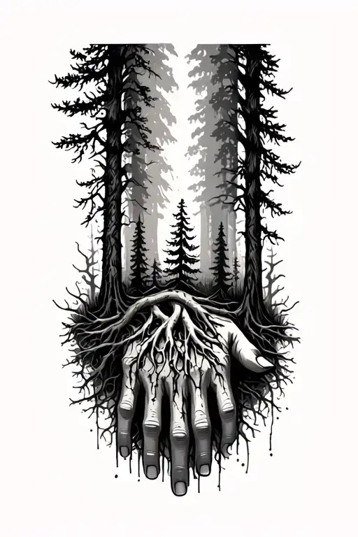 blackout forearm and hand tattoo concept, burned forest with visible roots wrapping onto the hand and treetops reaching tattoo design idea