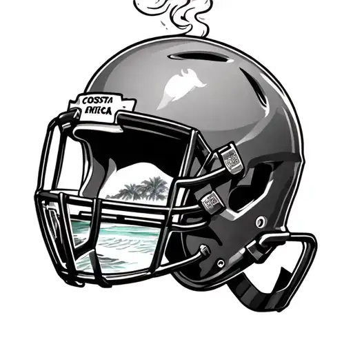 A football helmet tattoo with a science-themed twist, featuring a coffee cup and steam rising from the top, set against a backdrop of a tropical beach in Costa Rica tattoo design idea