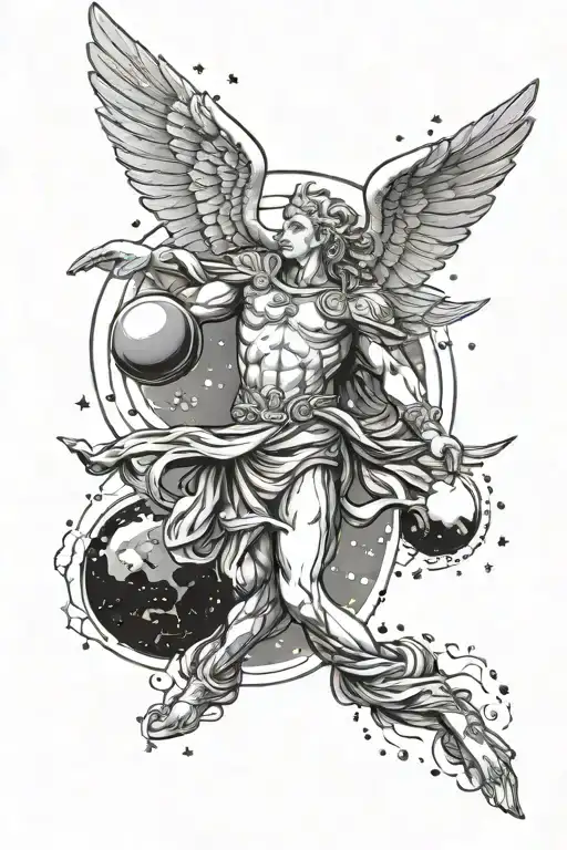Icarus statue flying in space with planets and stars tattoo design idea