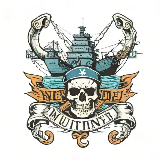 Container ship with a crane behind and a skull and anchor with the text MUTINY tattoo design idea