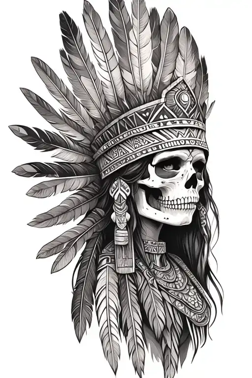 aztec warrior girl, skeletal fierce face, crown intricate geometric patterns feathers , spirituality, afterlife, death tattoo design idea