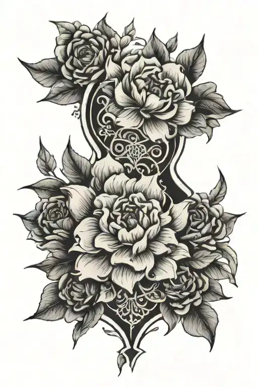 A very large american traditional floral and geometric neck tattoo with blackout. It spans from the chin to the sternum. tattoo design idea