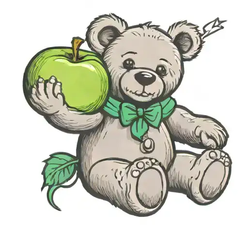 Grey teddy bear holding green apple tattoo design idea