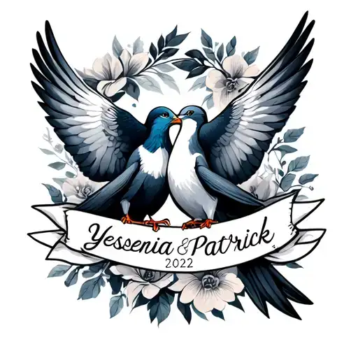 for a married couple yessenia and patrick married on 2022 doves and names with date included  tattoo design idea