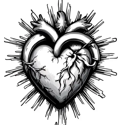 image is a detailed and stylized artistic representation of the Sacred Heart, symbolizing Christ's divine love, compassi tattoo design idea